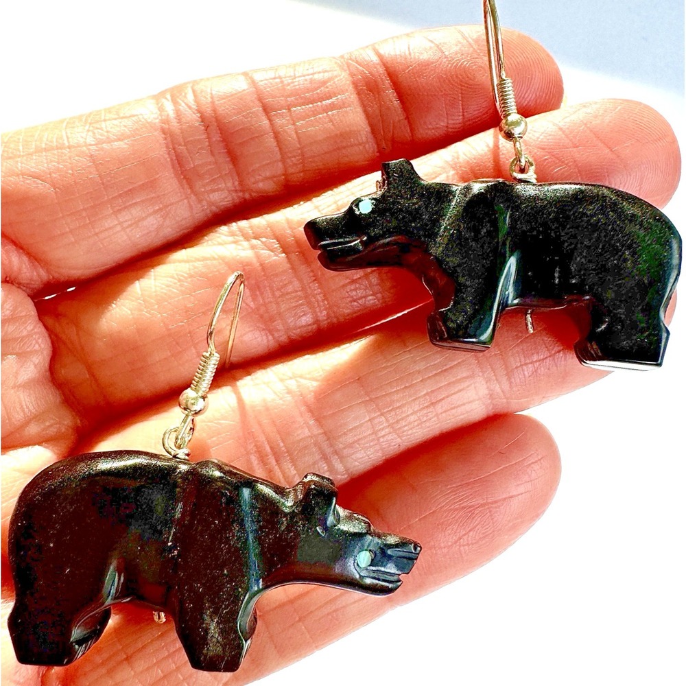 Bear Turquoise Navajo Earrings Sterling Ben Livingston Hand Carved Black Fetish